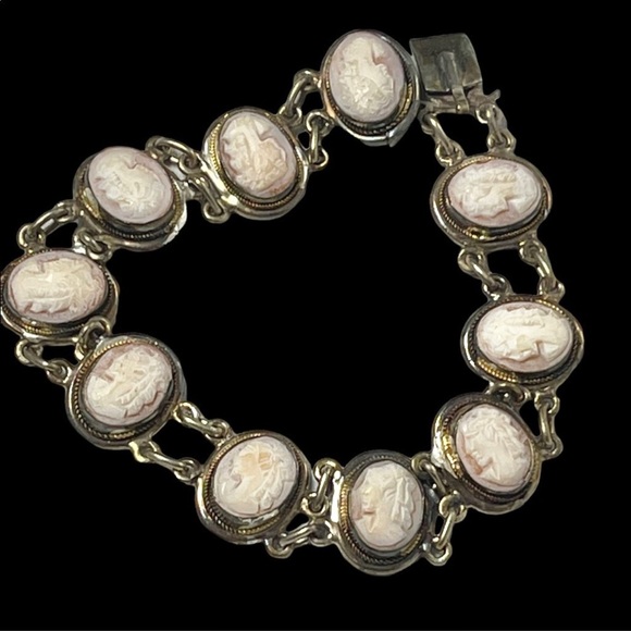 Vintage 800 Silver shell Cameo link bracelet appx 1930s - Picture 3 of 10